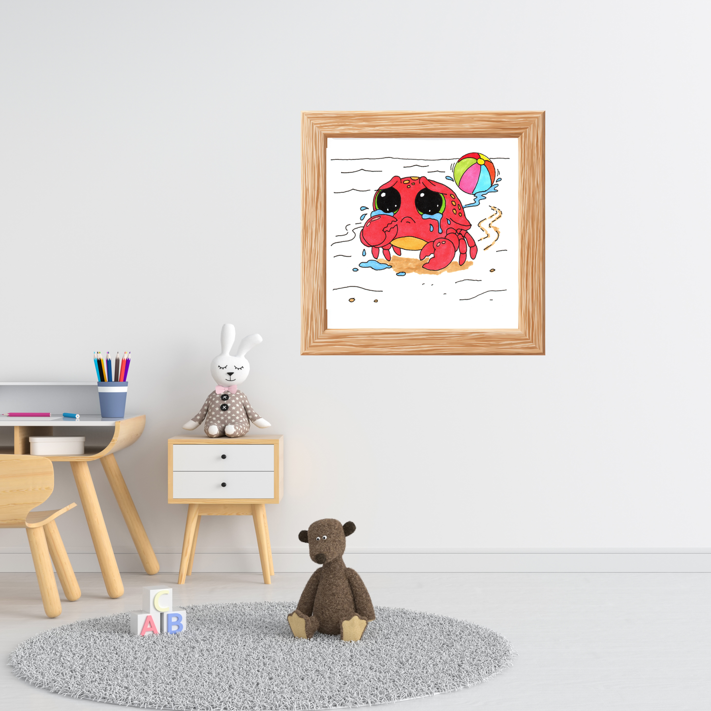 Sad Crab Lost Her Ball Print, Hand Drawn Crab Wall Art, Whimsical Nursery Decor, Woodland Animal Illustration