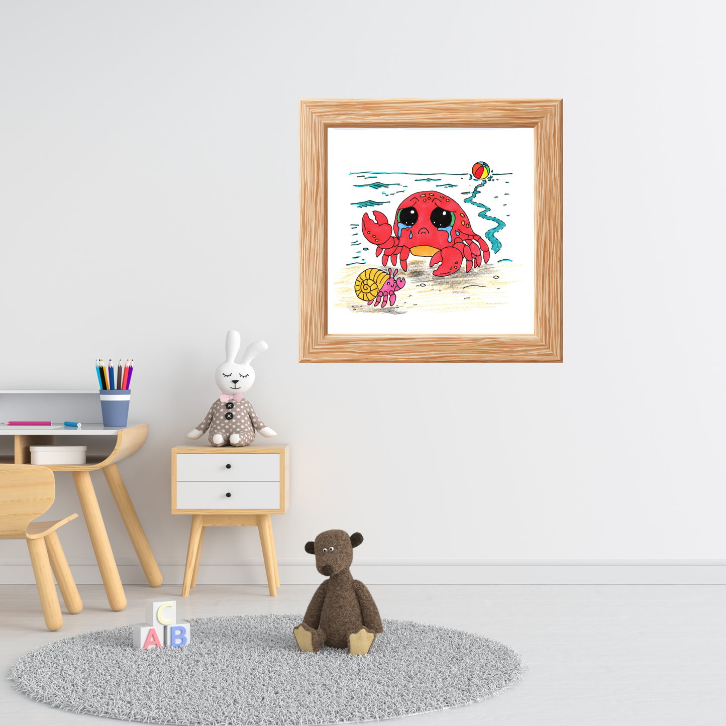 Sad Crab Finds a New Friend Print, Hand Drawn Crab Wall Art, Beach Friendship Decor, Whimsical Ocean Animal Illustration