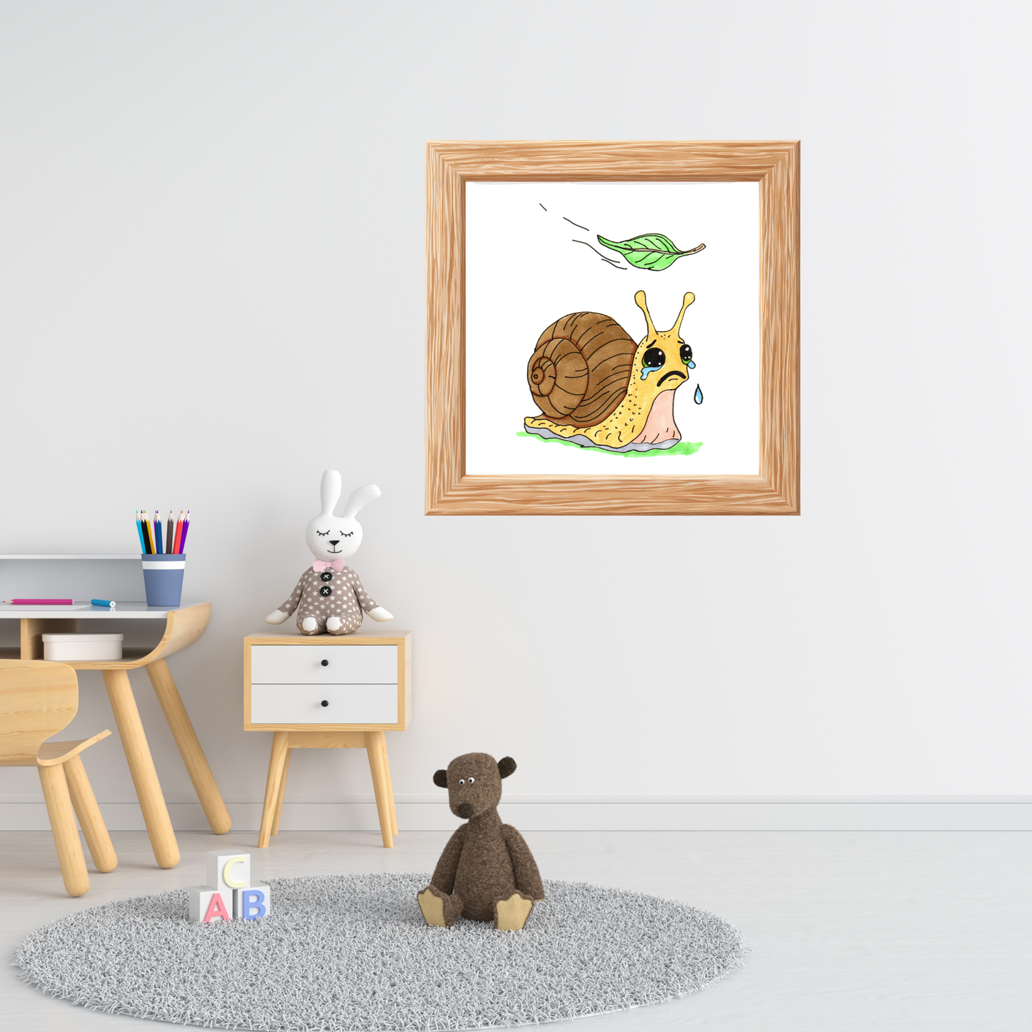 Sad Snail Lost Her Leaf Print, Hand Drawn Snail Wall Art, Whimsical Garden Decor, Cute Nature Illustration, Lost & Found Critter