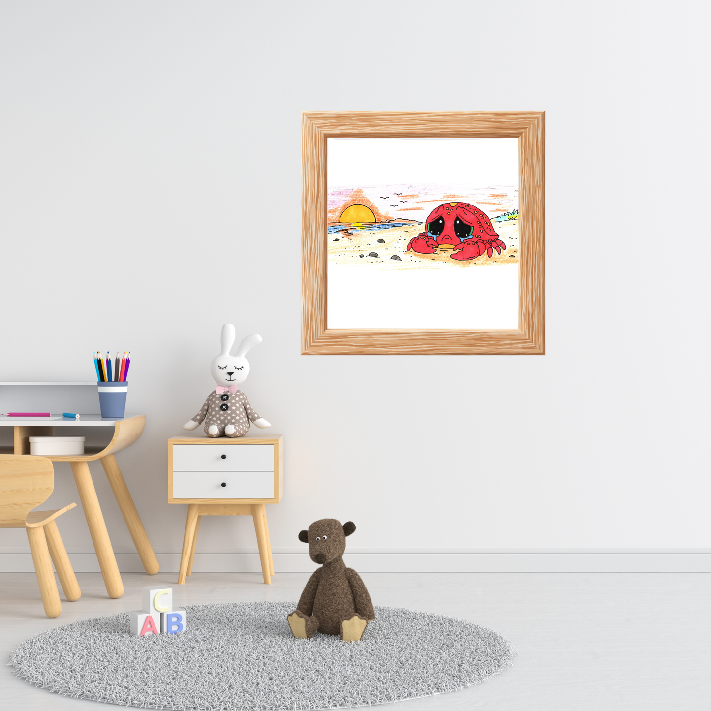 Sad Crab Searched all Day Print, Hand Drawn Crab Wall Art, Whimsical Nursery Decor, Woodland Animal Illustration