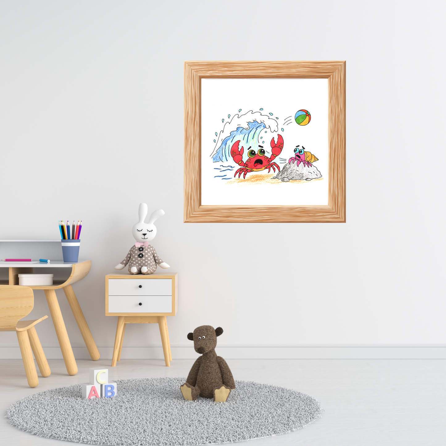 Big Wave Beach Print, Hand Drawn Crab Wall Art, Ocean Adventure Illustration, Coastal Nursery Decor