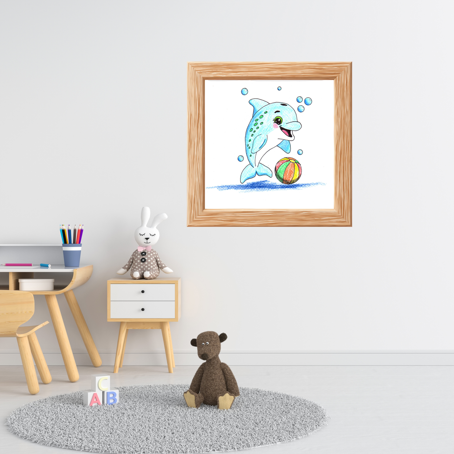 Happy Dolphin Found Her Beach Ball Print, Hand Drawn Dolphin Wall Art