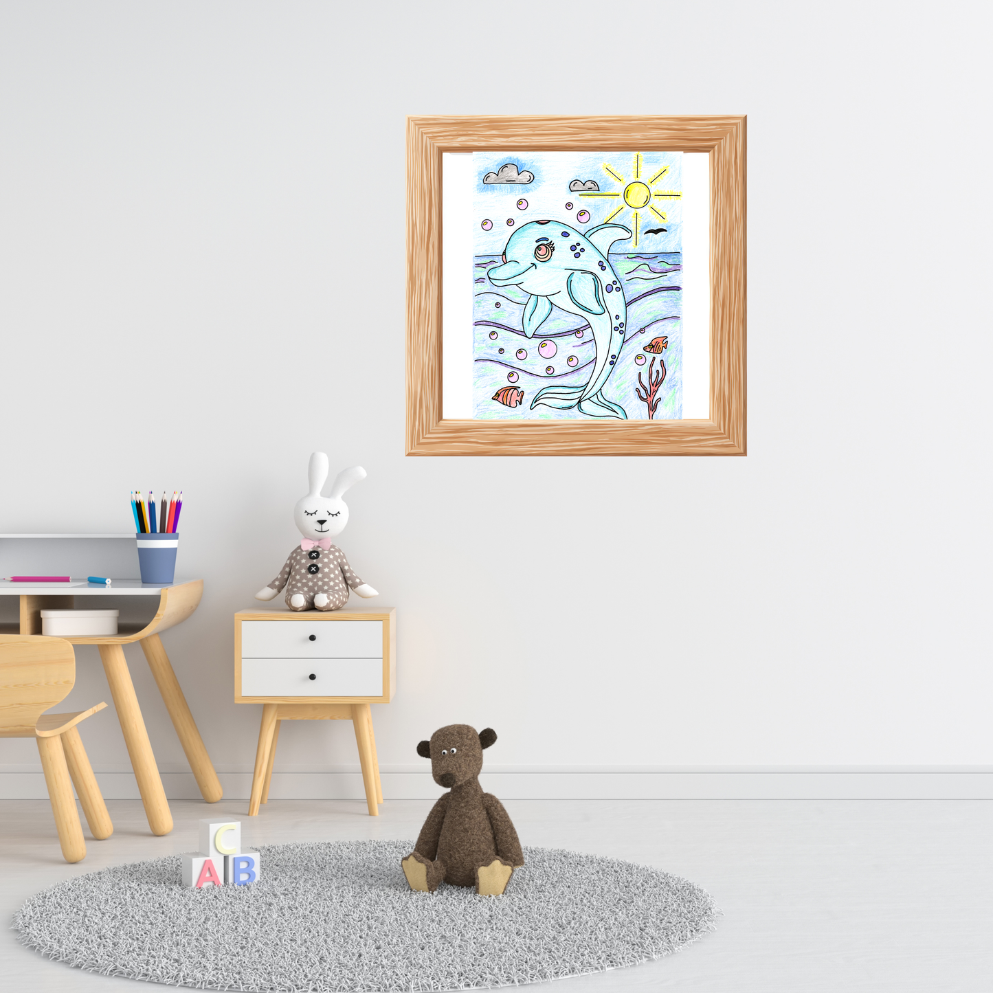 Happy Dolphin Ocean Print, Hand Drawn Sea Animal Wall Art, Cute Dolphin Illustration, Beach Nursery Decor, Children's Room Artwork