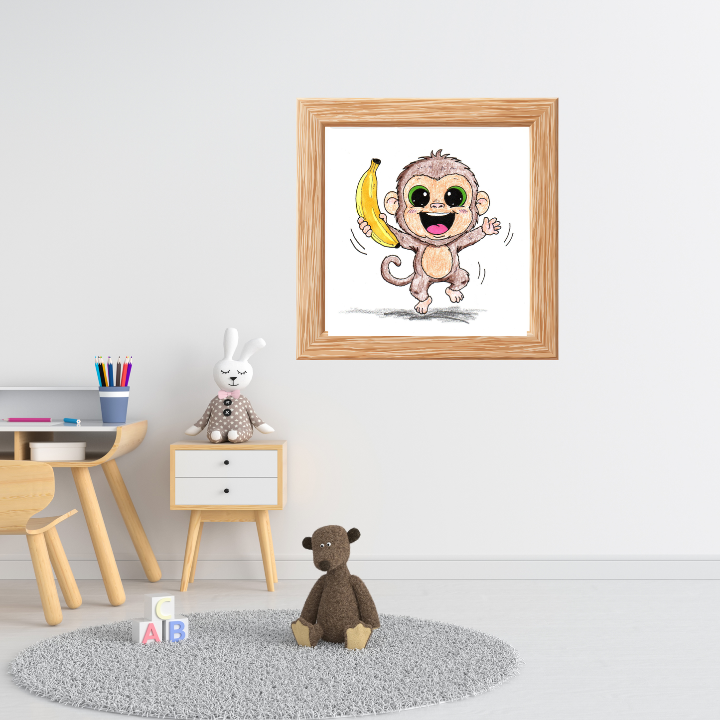 Happy Monkey With Banana Print | Cute Monkey Wall Art | Lost & Found Critter Illustration