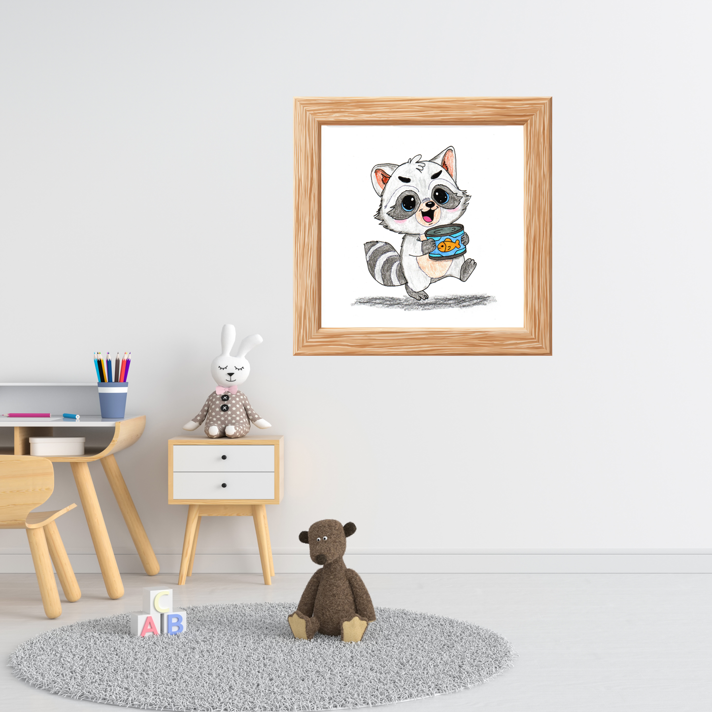 Happy Raccoon Print | Found Treasure Raccoon Wall Art | Hand Drawn Woodland Animal