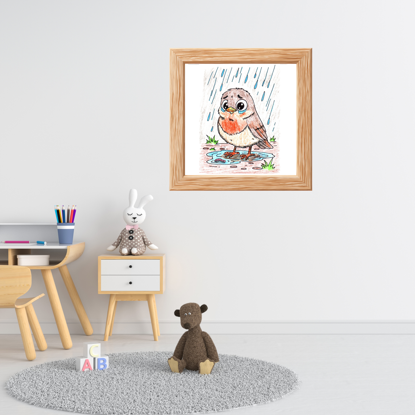 Robin in the Rain Print, Hand Drawn Bird Wall Art, Sad Robin Illustration, Woodland Bird Decor, Nature Nursery Art