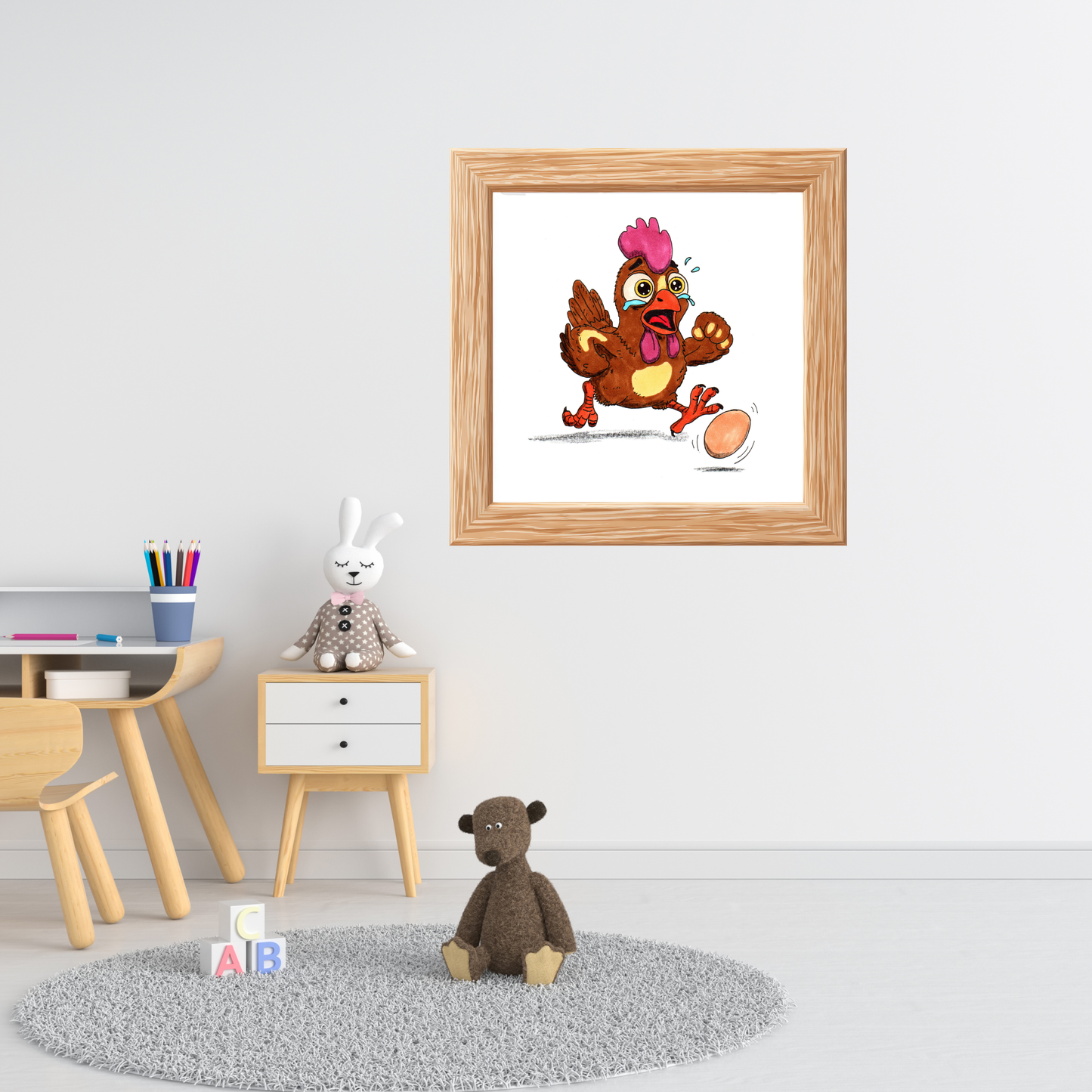 Rooster Lost the Egg Print, Funny Chicken Wall Art, Hand Drawn Farm Animal Illustration