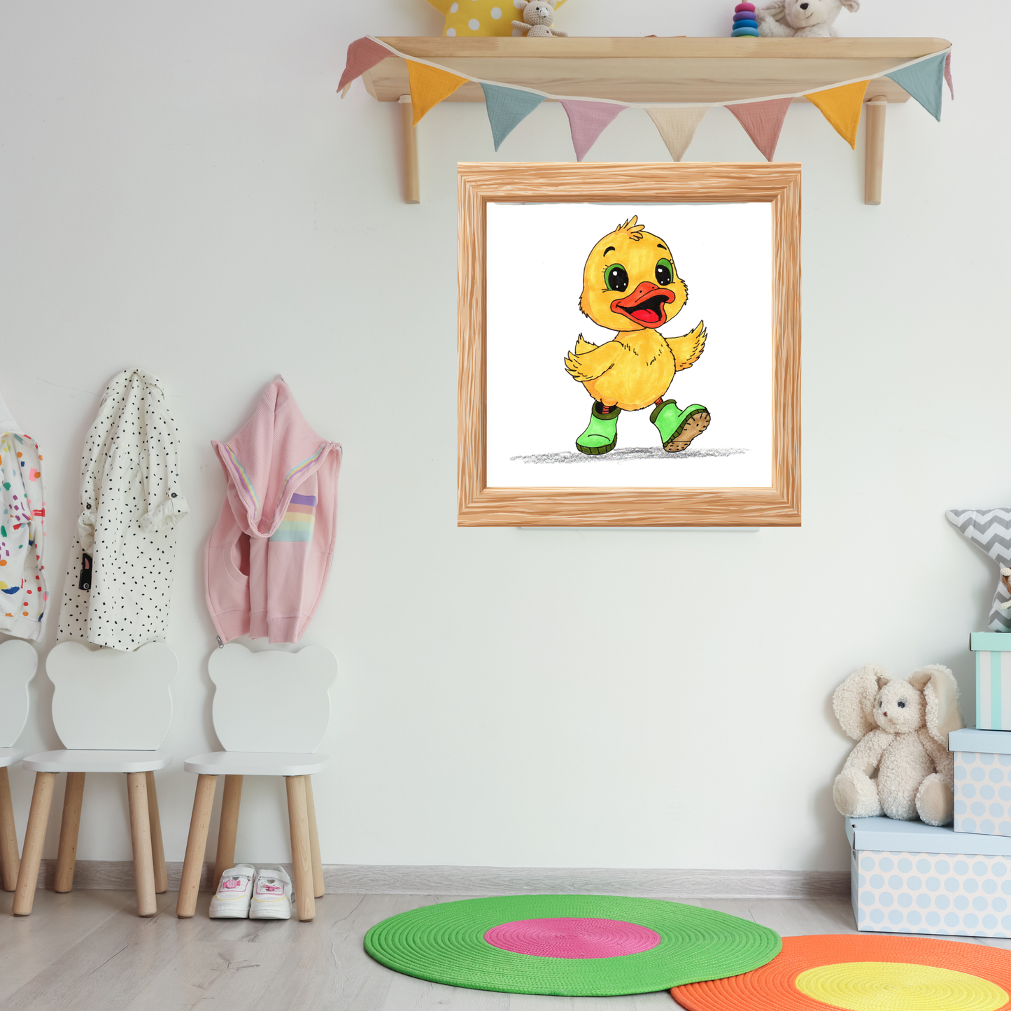 Duck Found Her Rain Boot Print, Hand Drawn Duckling Wall Art, Nursery Decor, Happy Duck Illustration