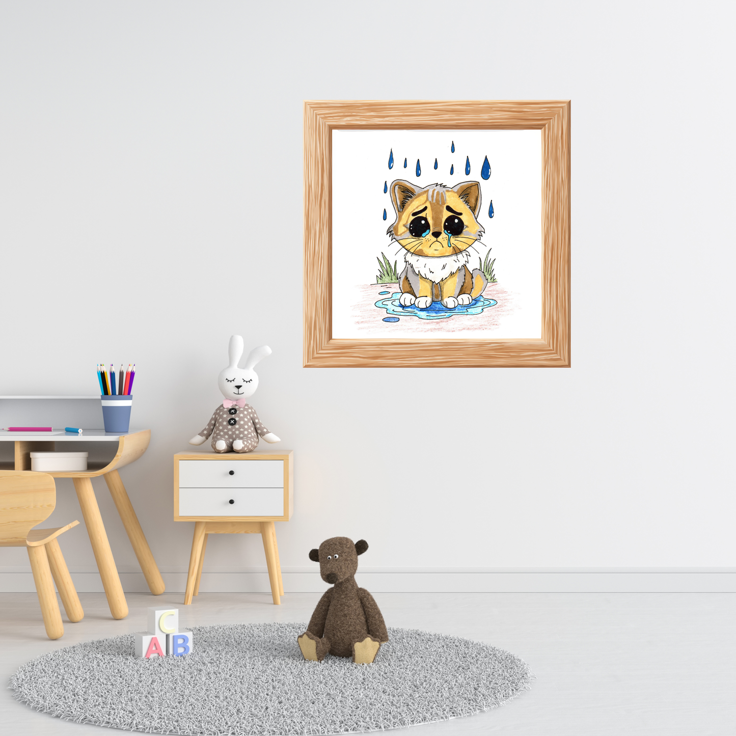 Sad Wet Calico Cat Print, Hand Drawn Kitten Wall Art, Rainy Day Cat Illustration, Nursery Decor, Animal Lover Gift