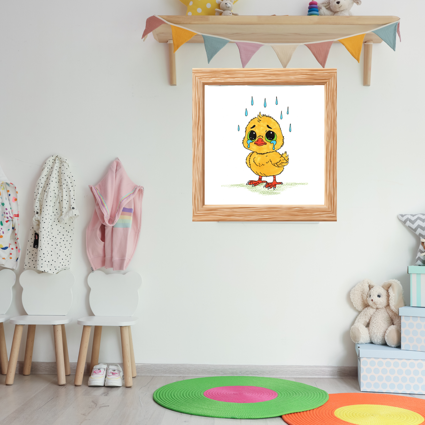 Sad Chick in the Rain Print, Hand Drawn Baby Bird Wall Art, Nursery Decor, Emotional Animal Illustration, Kids Room Artwork