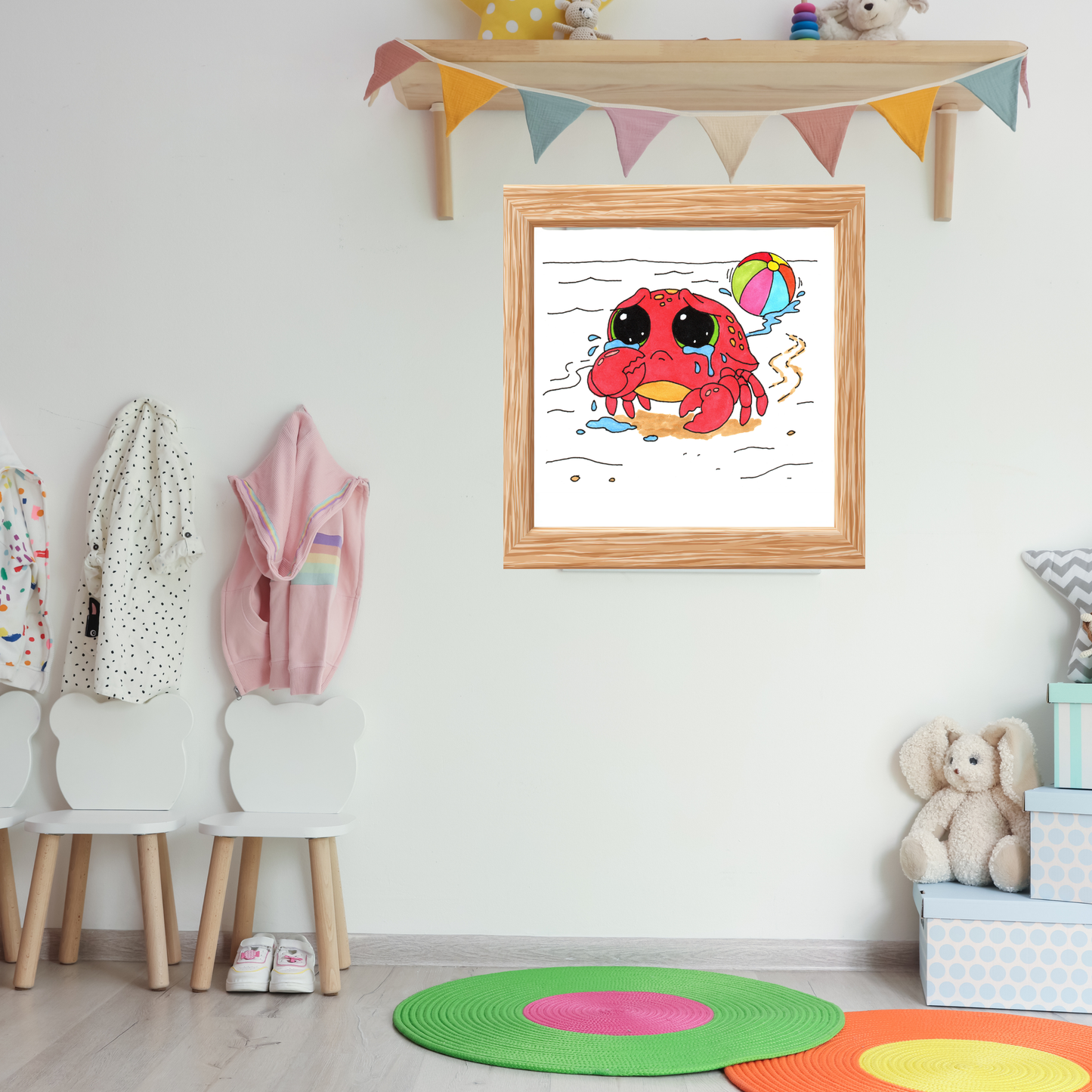 Sad Crab Lost Her Ball Print, Hand Drawn Crab Wall Art, Whimsical Nursery Decor, Woodland Animal Illustration