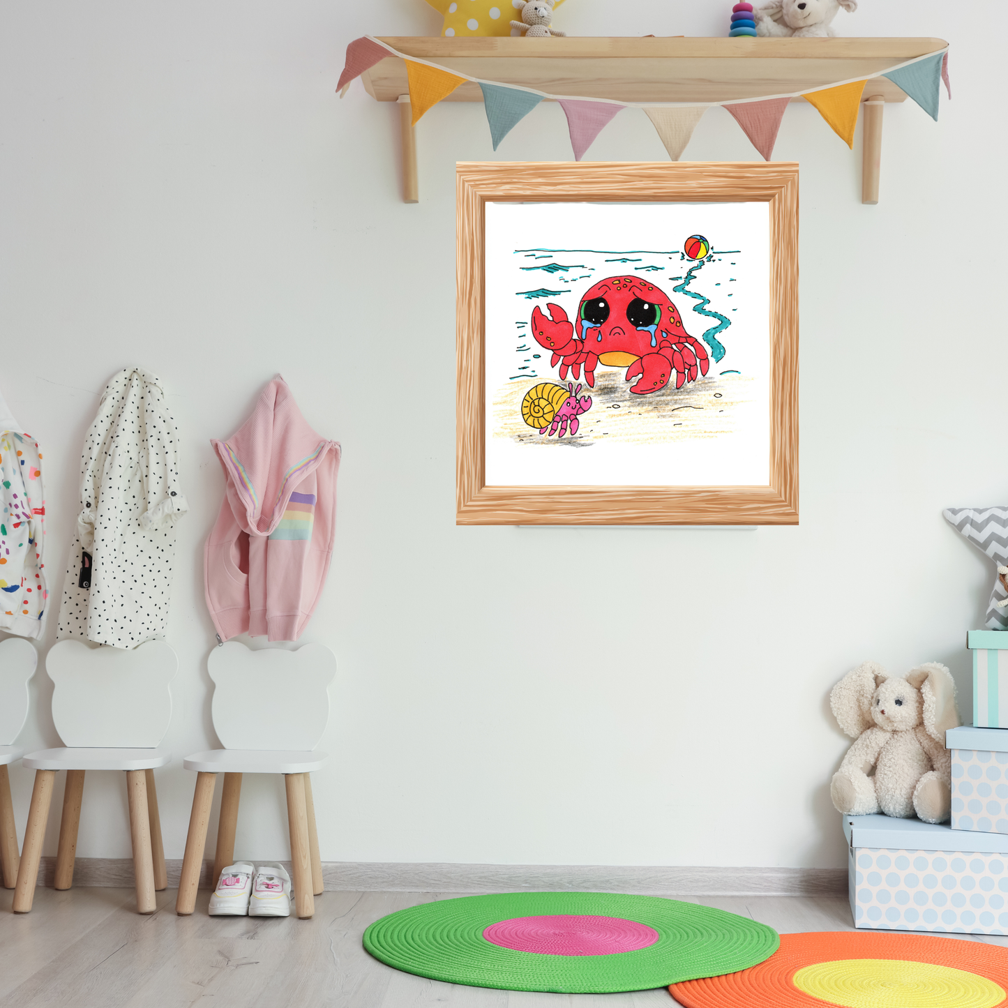 Sad Crab Finds a New Friend Print, Hand Drawn Crab Wall Art, Beach Friendship Decor, Whimsical Ocean Animal Illustration