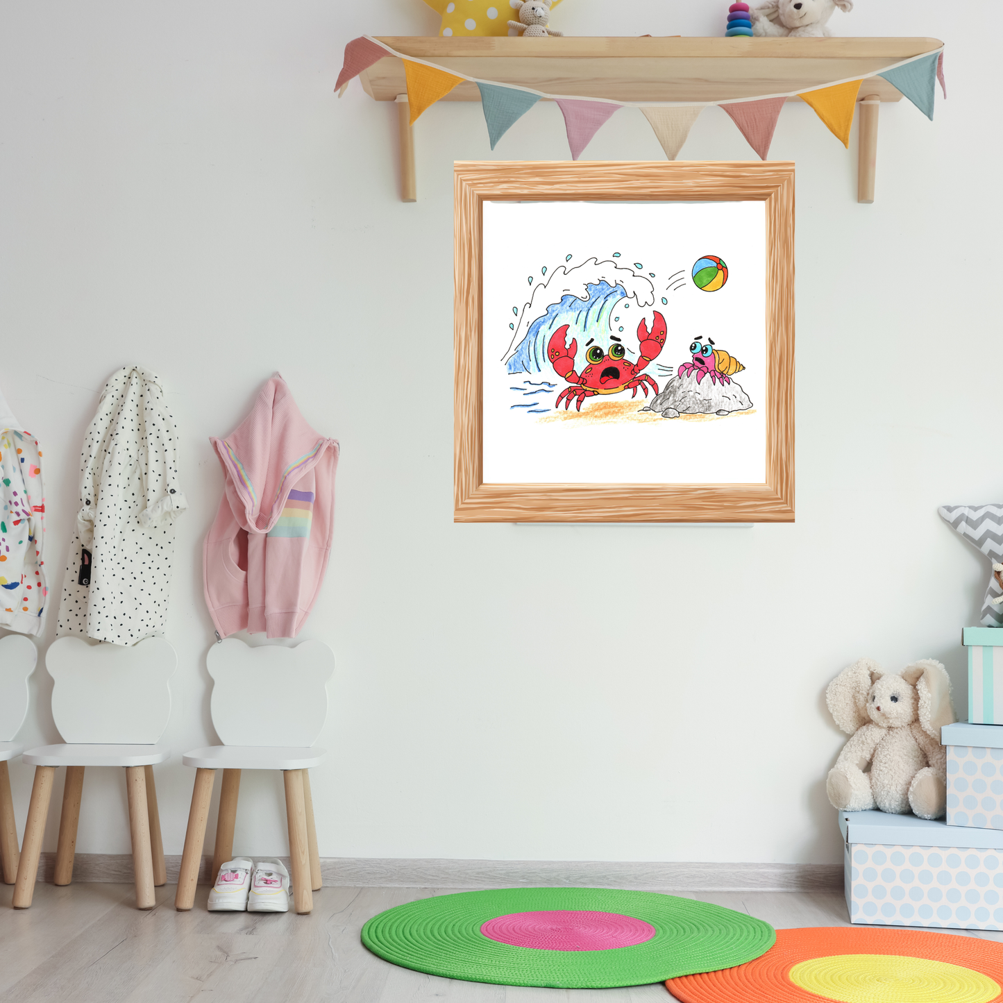 Big Wave Beach Print, Hand Drawn Crab Wall Art, Ocean Adventure Illustration, Coastal Nursery Decor