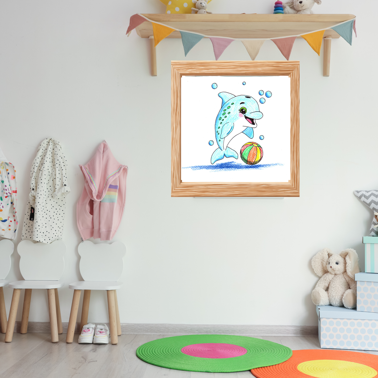 Happy Dolphin Found Her Beach Ball Print, Hand Drawn Dolphin Wall Art