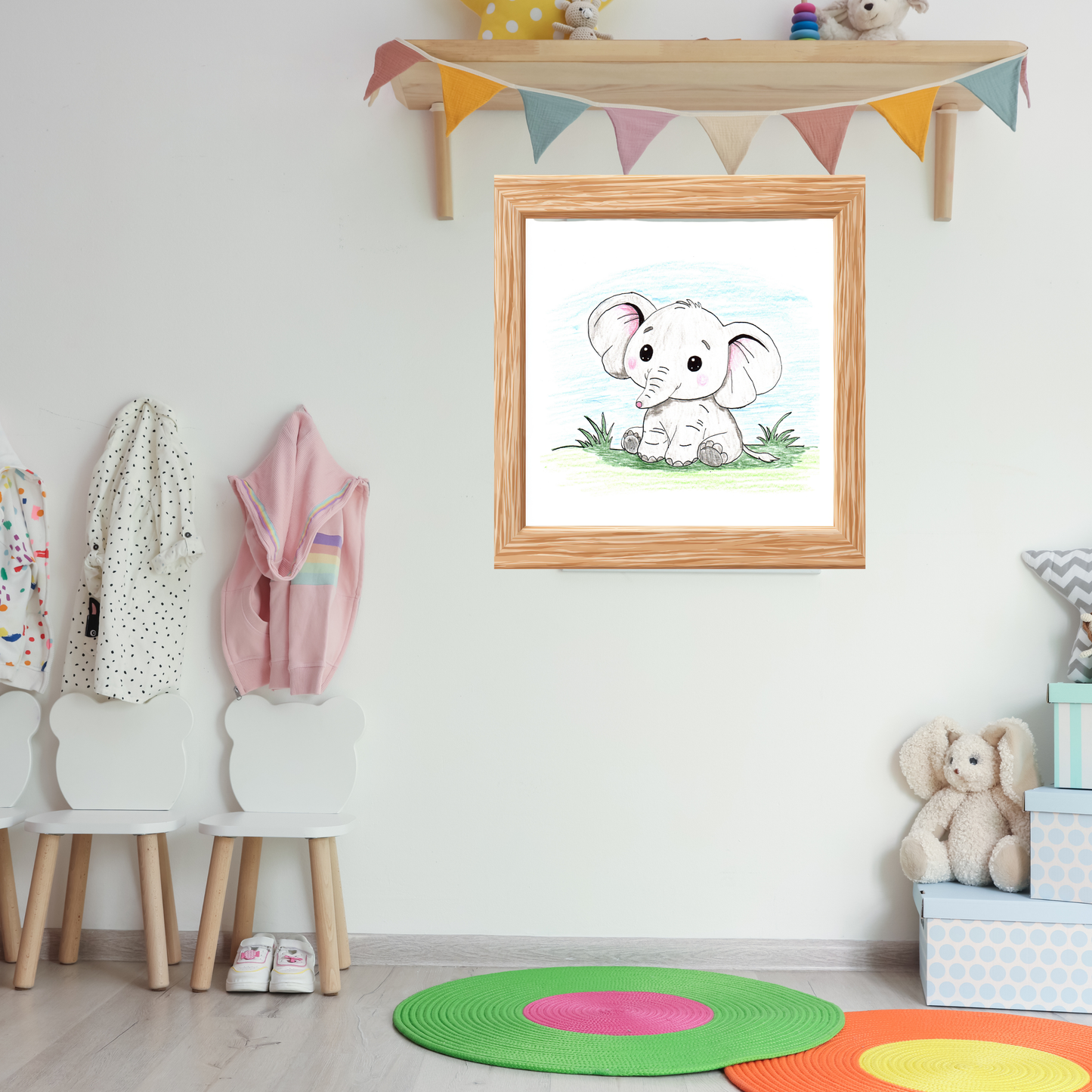 Elephant Sitting on the Grass Print, Cute Elephant Wall Art, Hand Drawn Nursery Decor
