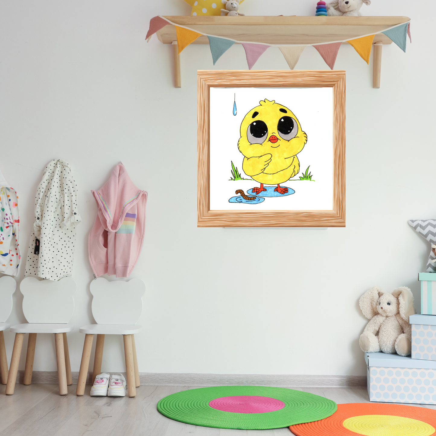 Pondering Chick in the Rain Poster, Nursery Wall Art, Cute Animal Illustration Print