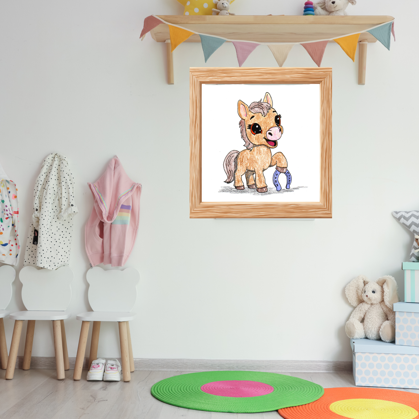Horse Found Her Horseshoe Art Print | Hand Drawn Pony Nursery Wall Decor