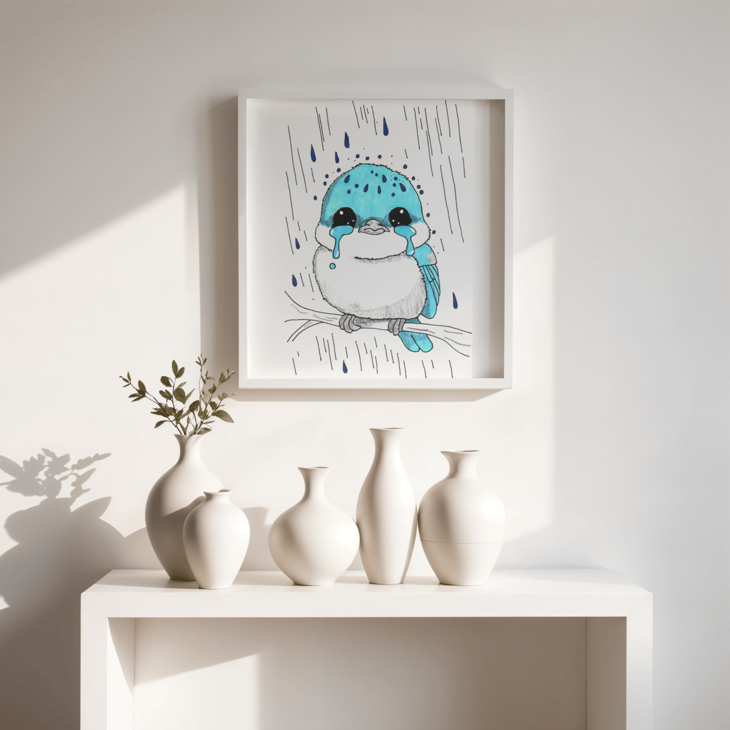 Sad Bluebird in the Rain Poster, Nursery Wall Art, Cute Animal Illustration Print