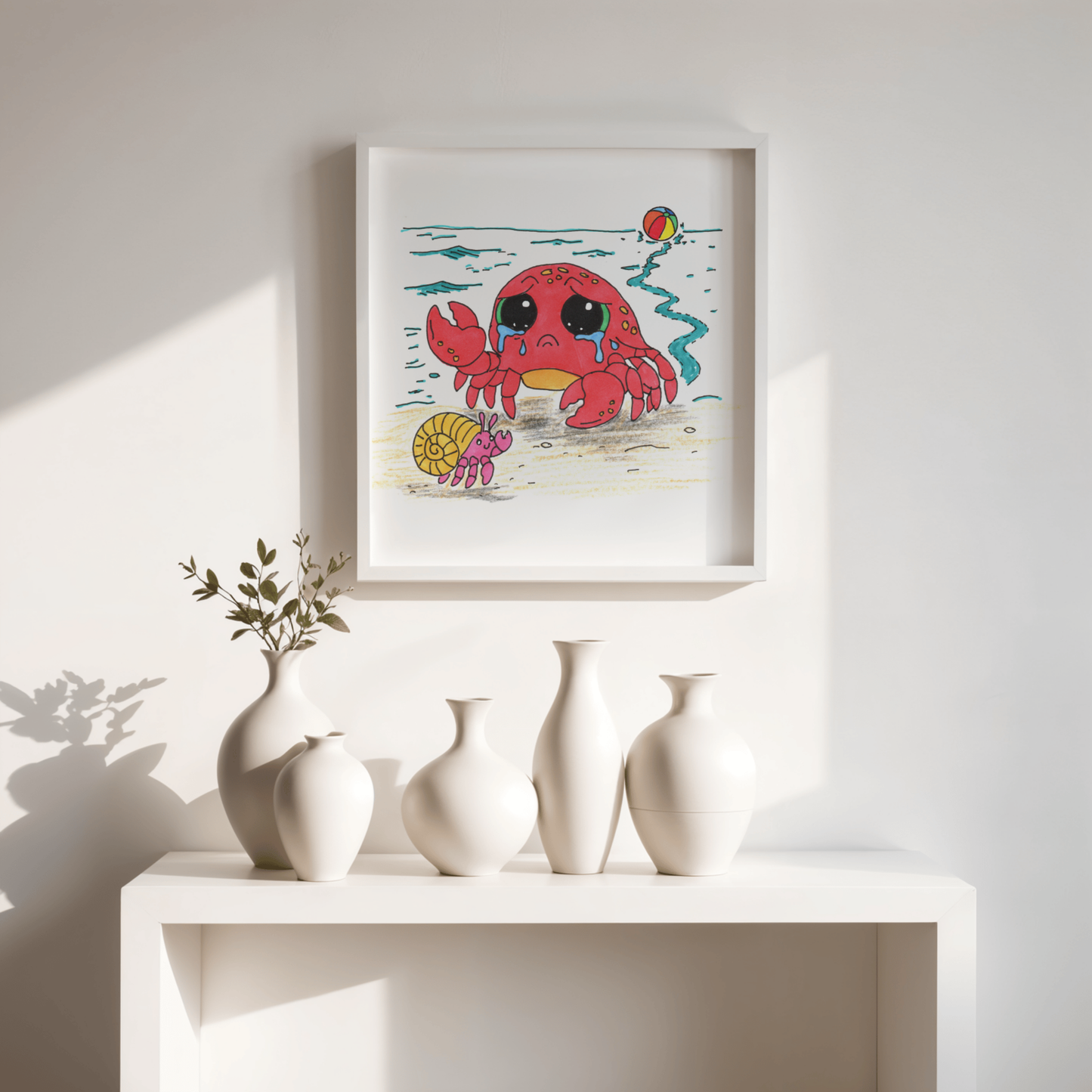 Sad Crab Finds a New Friend Print, Hand Drawn Crab Wall Art, Beach Friendship Decor, Whimsical Ocean Animal Illustration