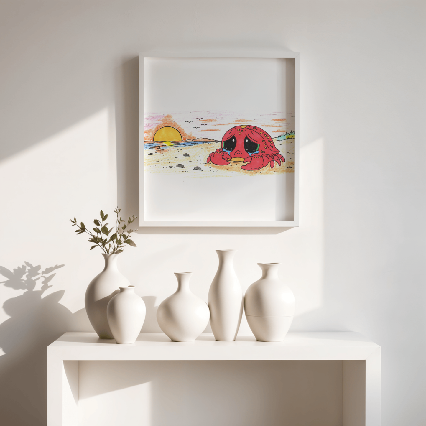 Sad Crab Searched all Day Print, Hand Drawn Crab Wall Art, Whimsical Nursery Decor, Woodland Animal Illustration