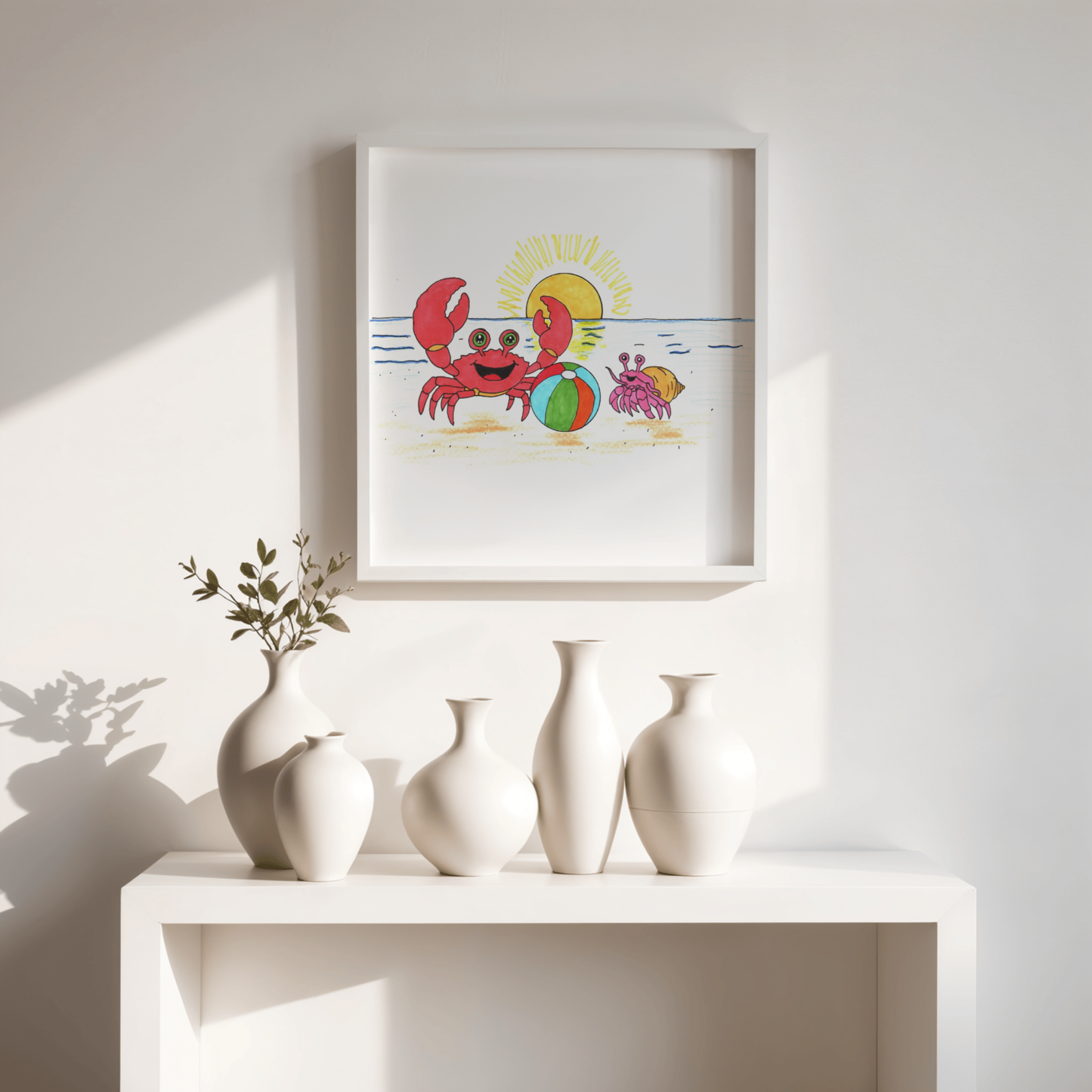 She Got Her Ball Fixed Print, Hand Drawn Crab Wall Art, Beach Friendship Illustration, Coastal Nursery Decor